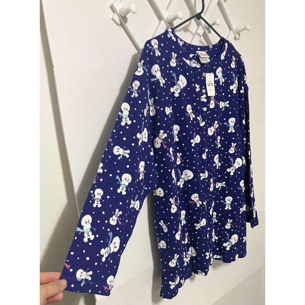 Disney Store Women’s  L/XL Blue Thermal Mickey Mouse Snowman Pajama Top Only NWT - Picture 2 of 6